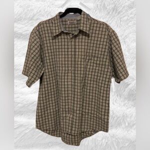 Men’s Bugle Boy short sleeve, button plaid shirt, yellow, blue and white, size L